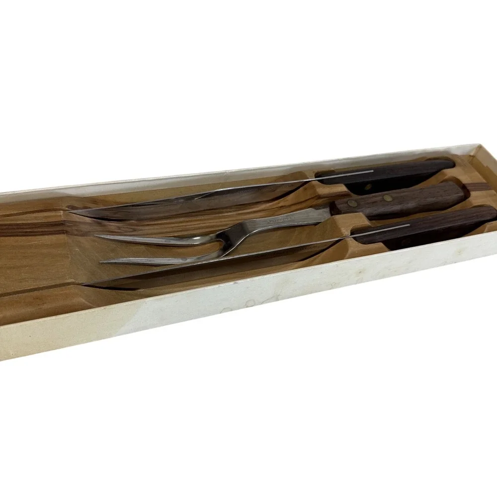 Vtg. EKCO FLINT Cutlery Set Stainless Vanadium Carving 3pc Set Knife Block & Box